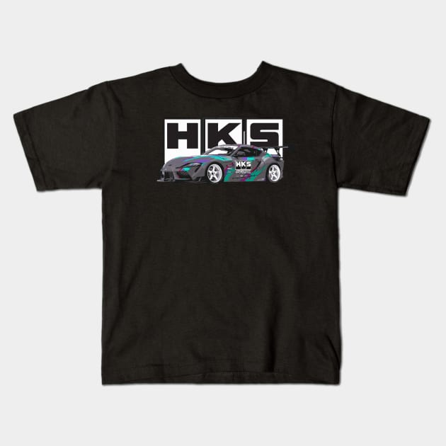 HKS White logo A90 supra Drift Car Kids T-Shirt by cowtown_cowboy